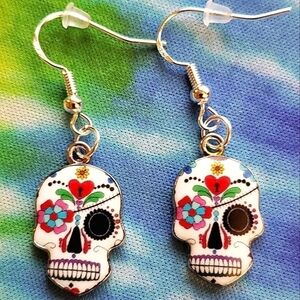 HALLOWEEN Pink and White Candy skull Day of the Dead earrings